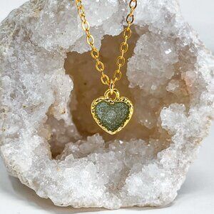 3/$20 14k Gold Olive Green Glitter Resin Heart Charm Handmade Pendant Necklace